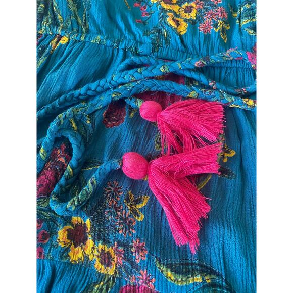 Women’s ANGIE Teal floral Mini Dress V Neck Tassels vibrant Colors 1X - Picture 4 of 6
